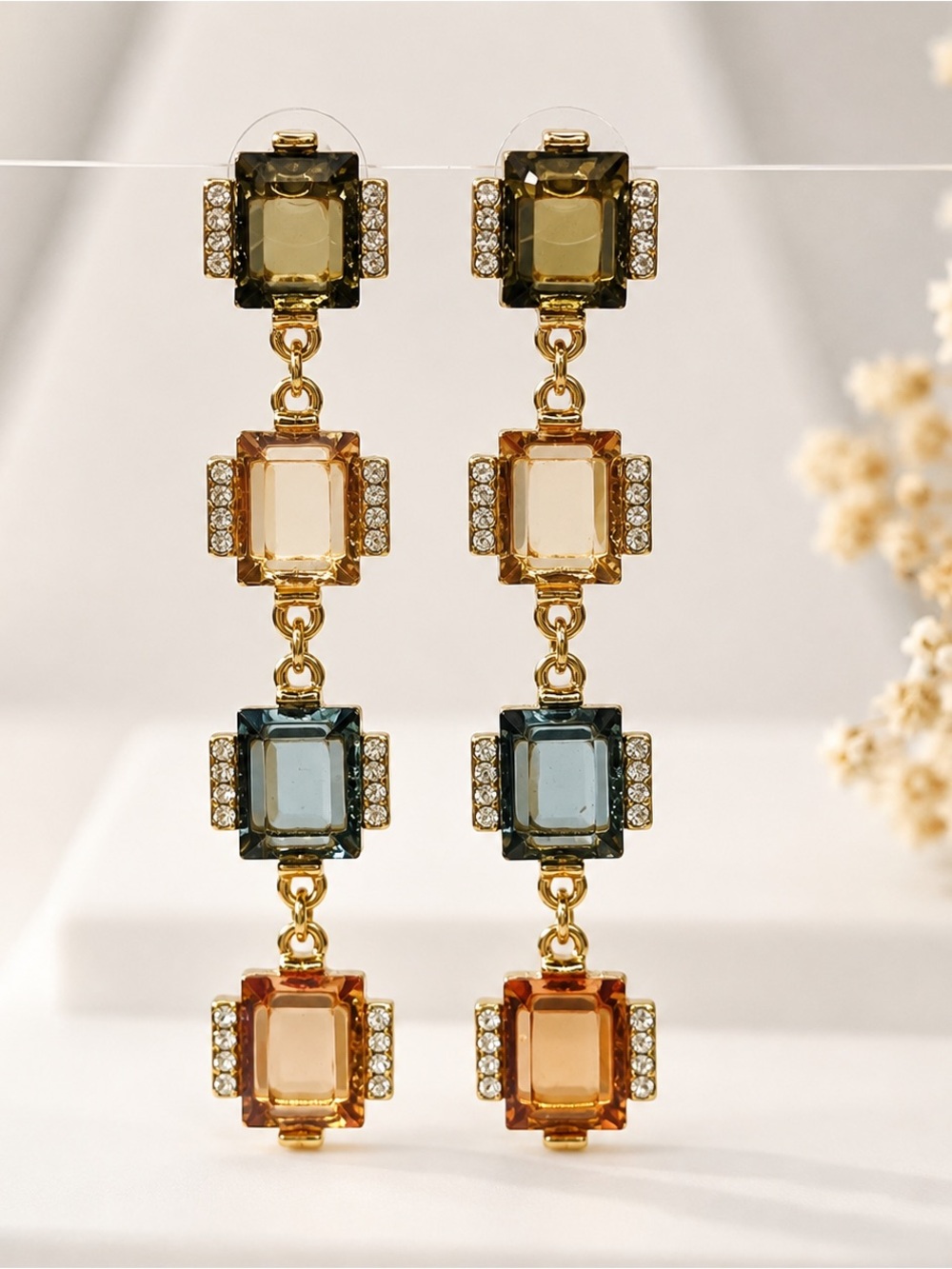 408. Vintage 1980s Faceted Glass Crystal Post Drop Earrings Signed R 3”